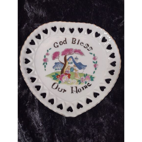 Other - Vtg God Bless Our‎ Home Granny Cottagecore Heart Shape Gold Edge Christian Plate